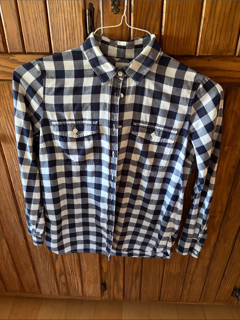 Womenโs J Crew Navy and White Check long sleeve Cotton Shirt Size Small